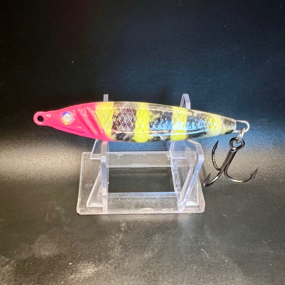Gillie Eilish UV Double Glow 2 oz jigging spoon with pink, yellow and blue stripes