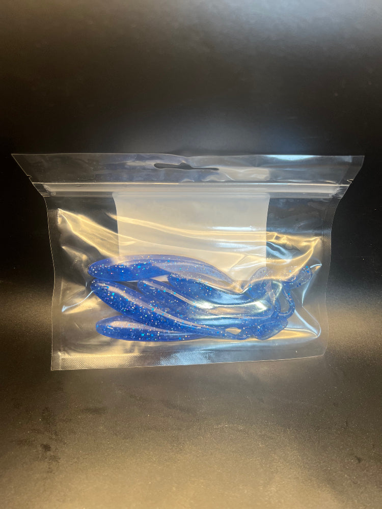 Blue glitter paddle tail swimbaits in retail bag
