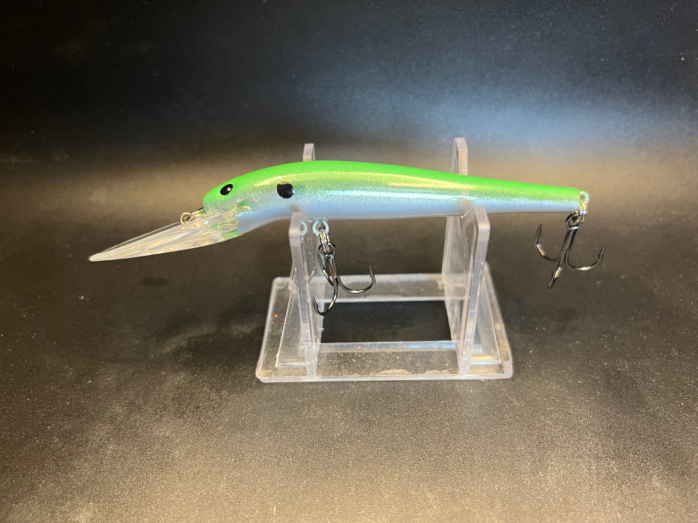 Green UV-glow fishing lure with green/blue body and 3 strong treble hooks