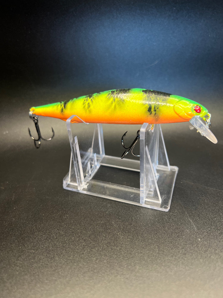 Tiger Kang jerkbait in orange-to-yellow tiger stripe finish, 3x treble hooks