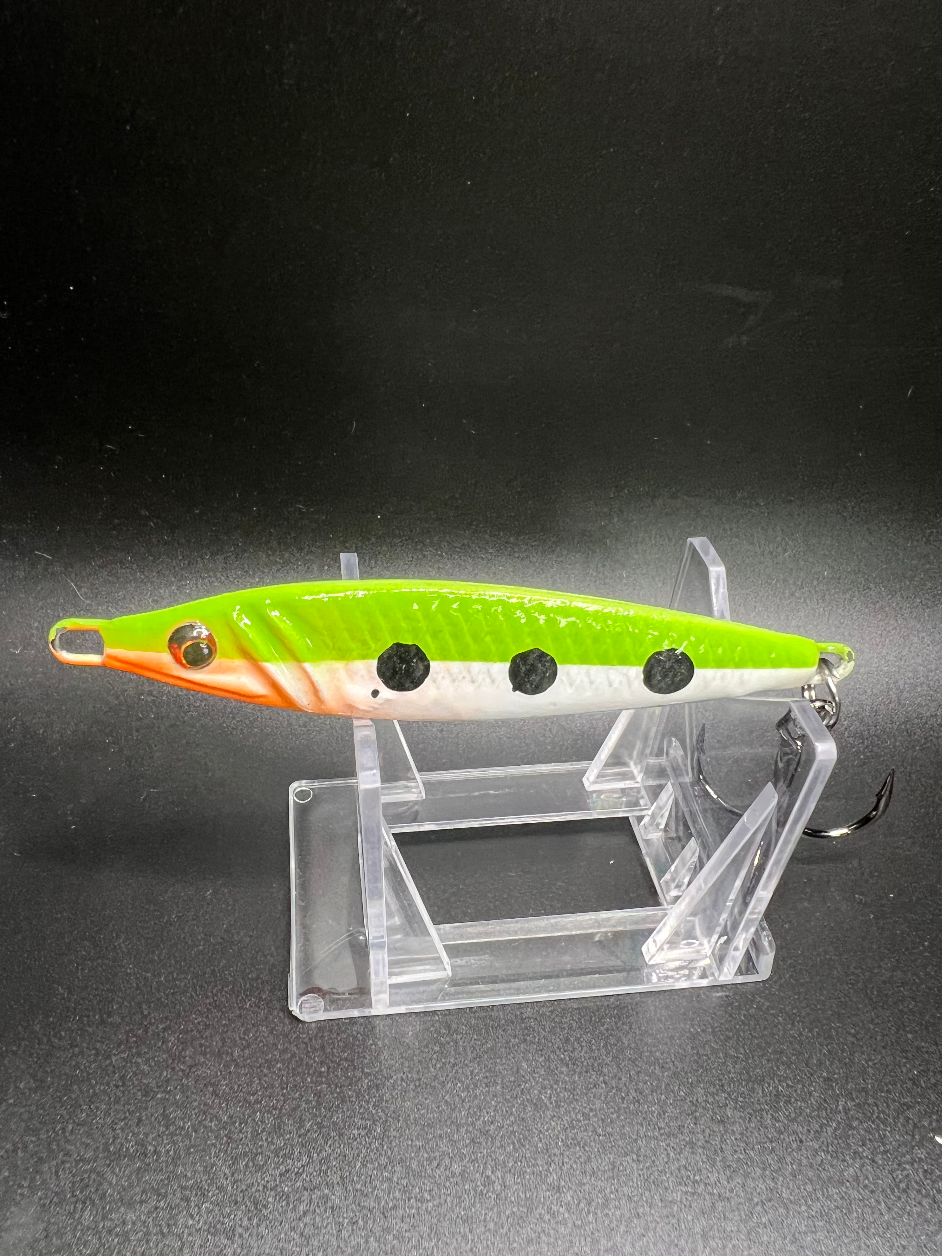 Fleetwood mackerel 2 oz jigging spoon: neon green/white with orange belly and black spots
