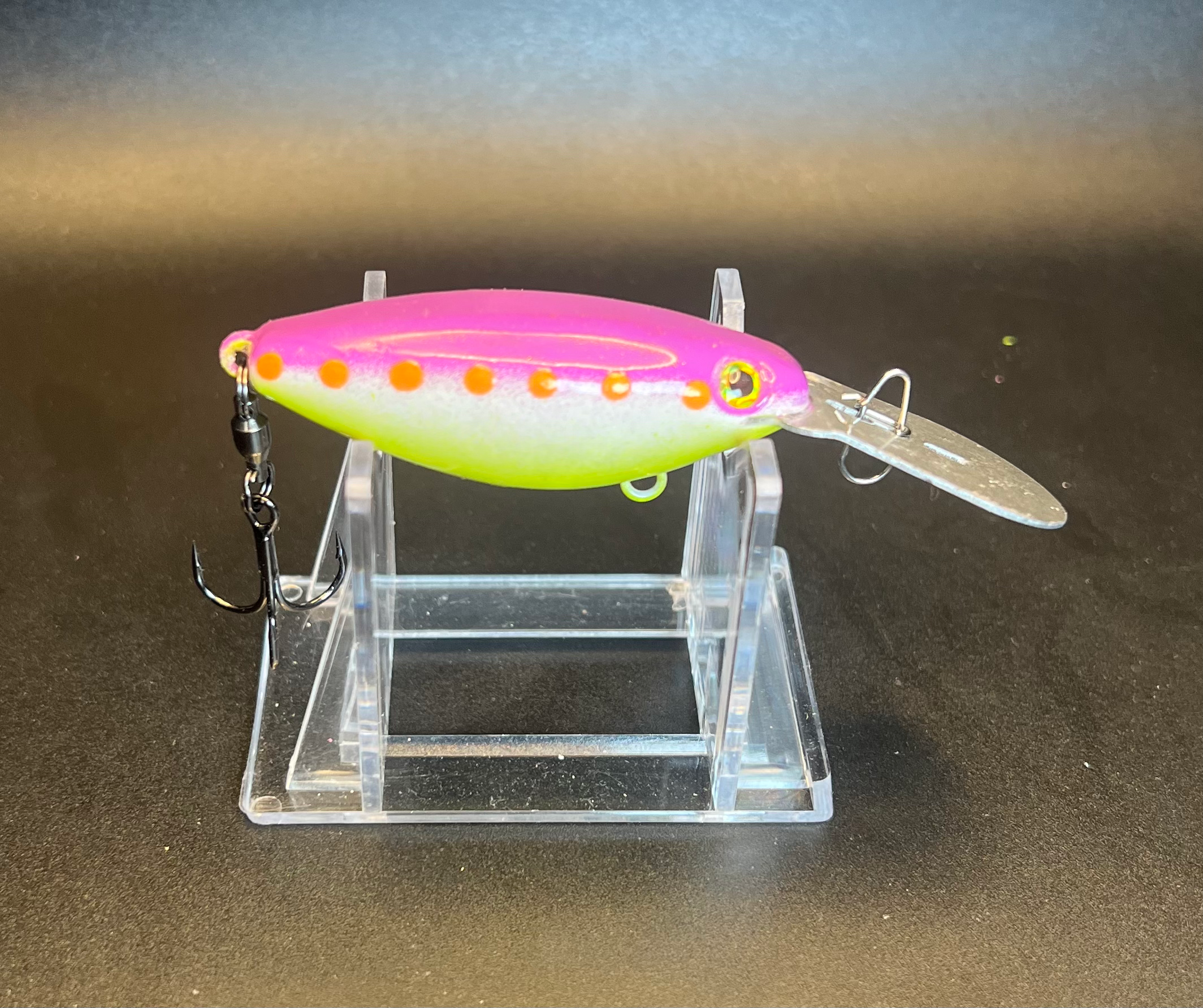 Sunrise Surprise UV trolling plug—pink/chartreuse, triple strong hook