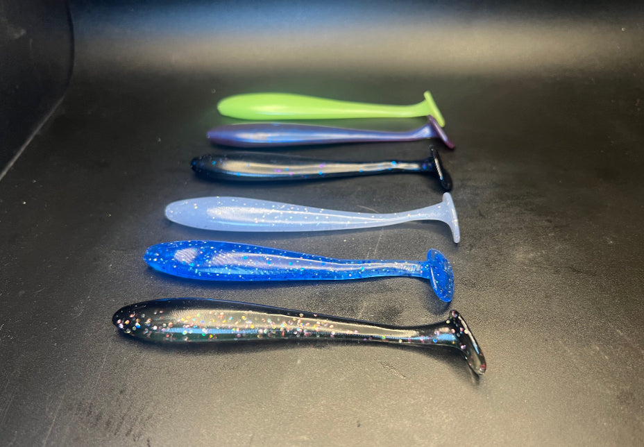 4-inch paddle tail swimbaits in assorted colors, visible paddle tails