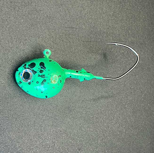 Carolina Reefer UV Walleye jig, green with black spots and hook