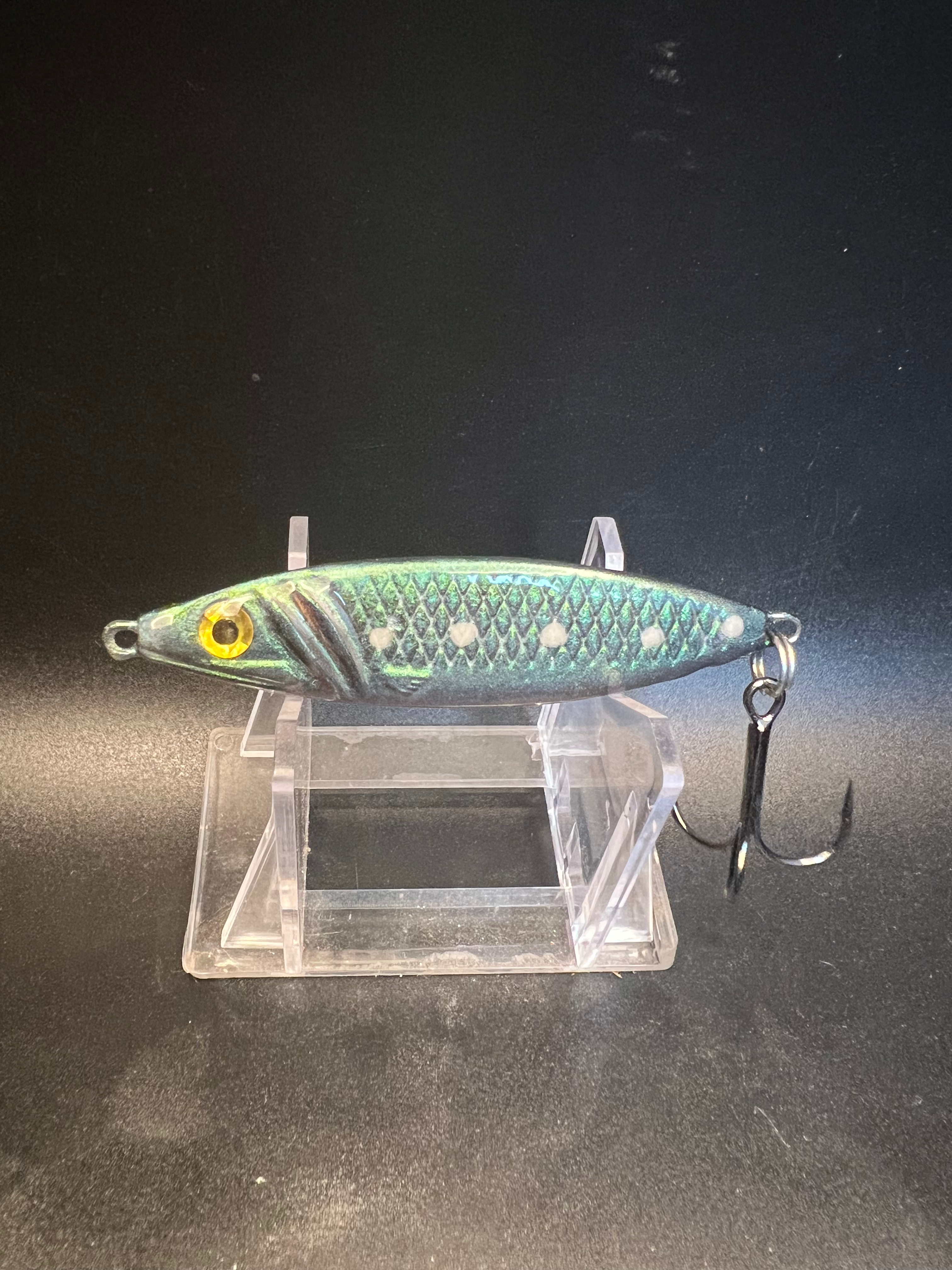 Sturgeon Simpson 1.25 oz UV Salmon jigging spoon, green diamond pattern, yellow eye