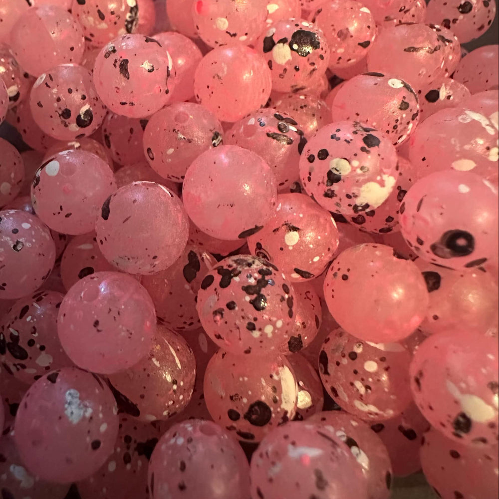 Pink UV glow fishing beads with glitter speckles, plastic round beads