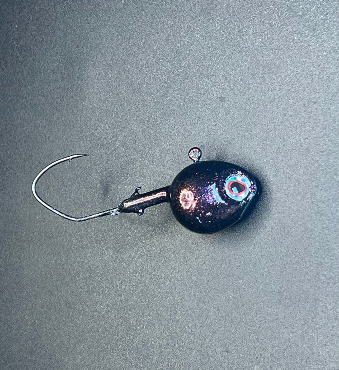 Scarlett Witch UV walleye jig, black/purple round head with treble hook