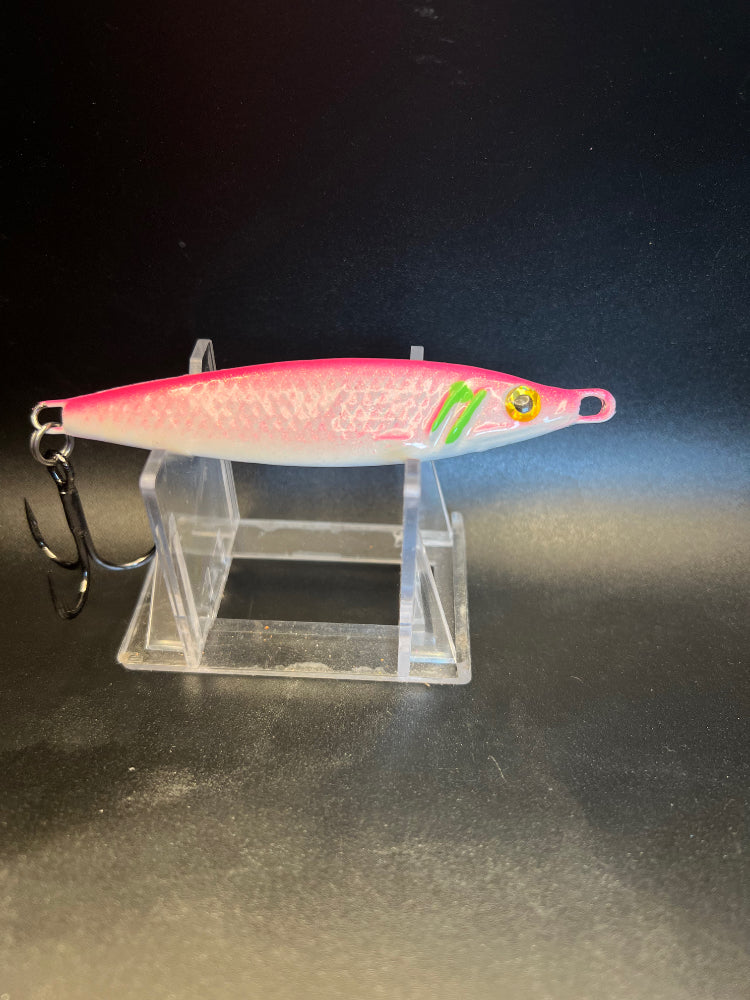 2 oz Jigging Spoon, pink shrimp pattern with metal hook eyelets