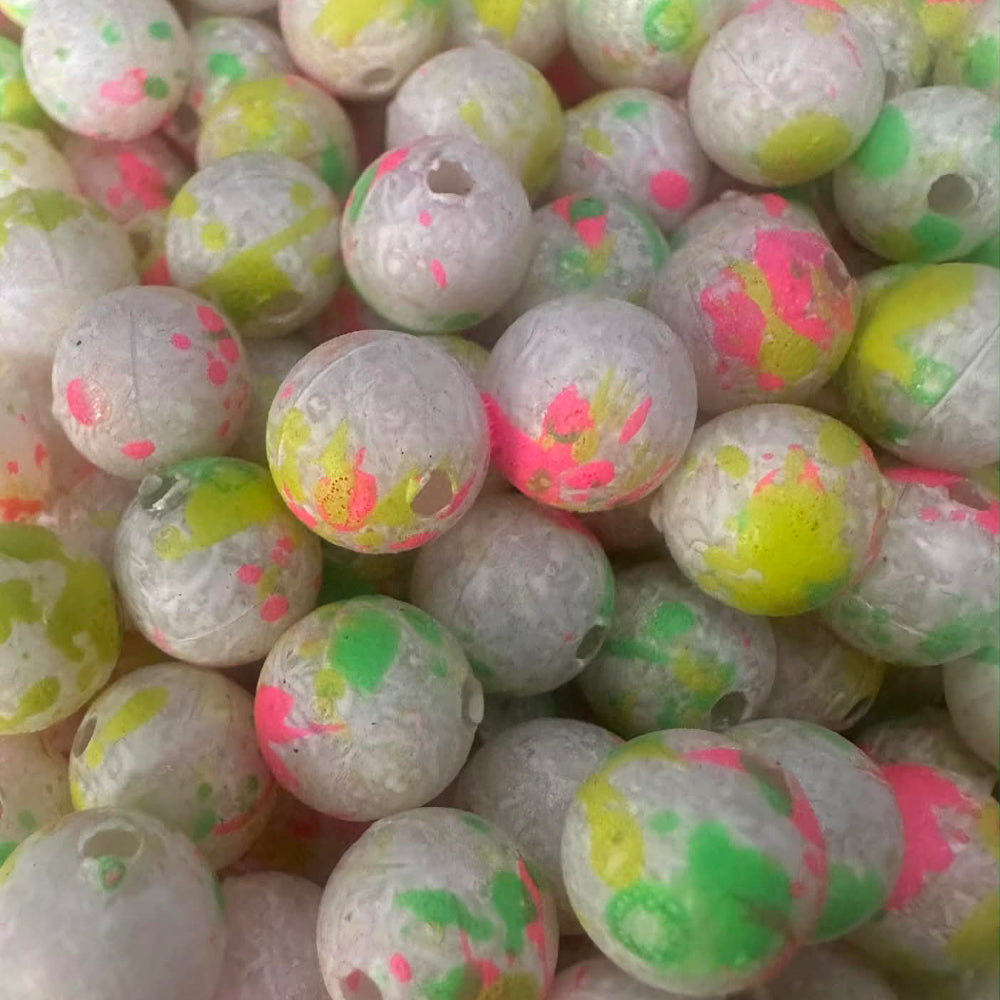 Round fishing beads: white with neon pink/green speckles, with center hole
