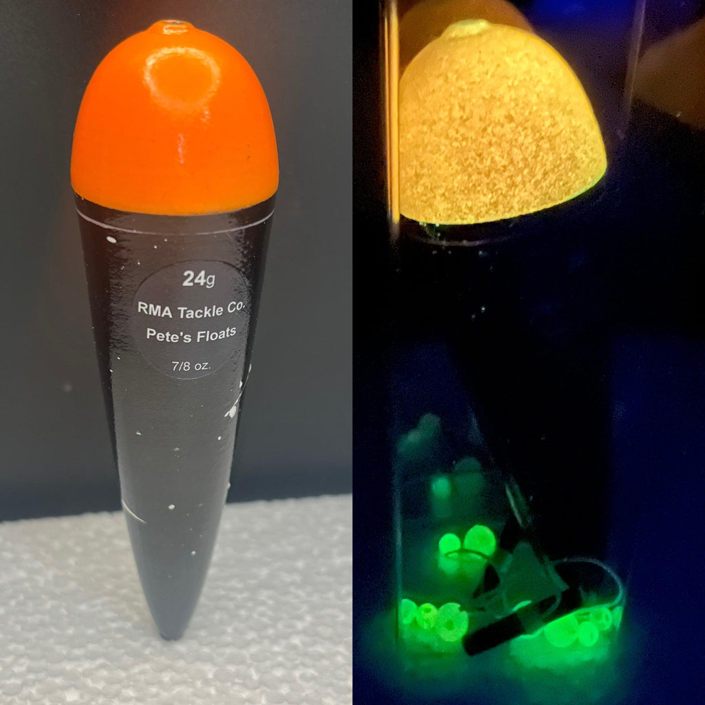 Glow-in-the-dark slip floats: orange/black and yellow/black tops