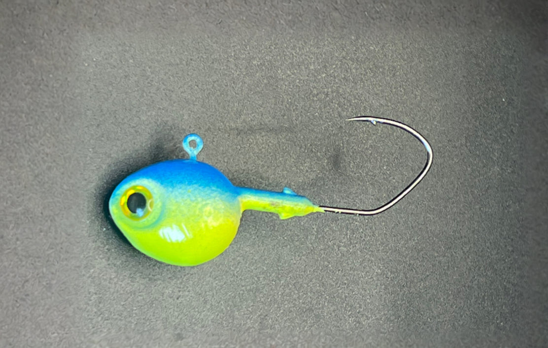 UV walleye jig with blue head, chartreuse tail, single treble hook