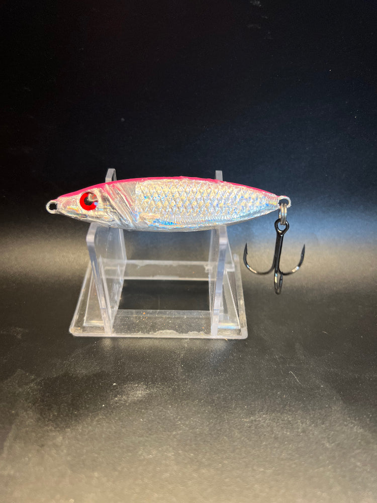Avenged Salmonfold UV 1.25 oz salmon jigging spoon, silver with red-pink head, hook