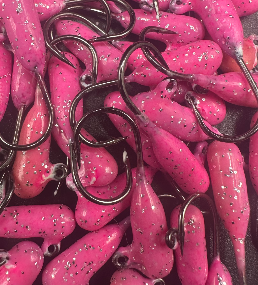 BubbleFishious tube jigs, pink steelhead jig tubes with black specks and hooks