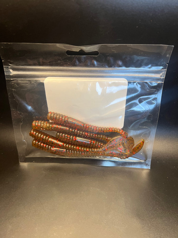 Soft plastic crawler bait set in orange and brown with speckled ribbed bodies in clear bag
