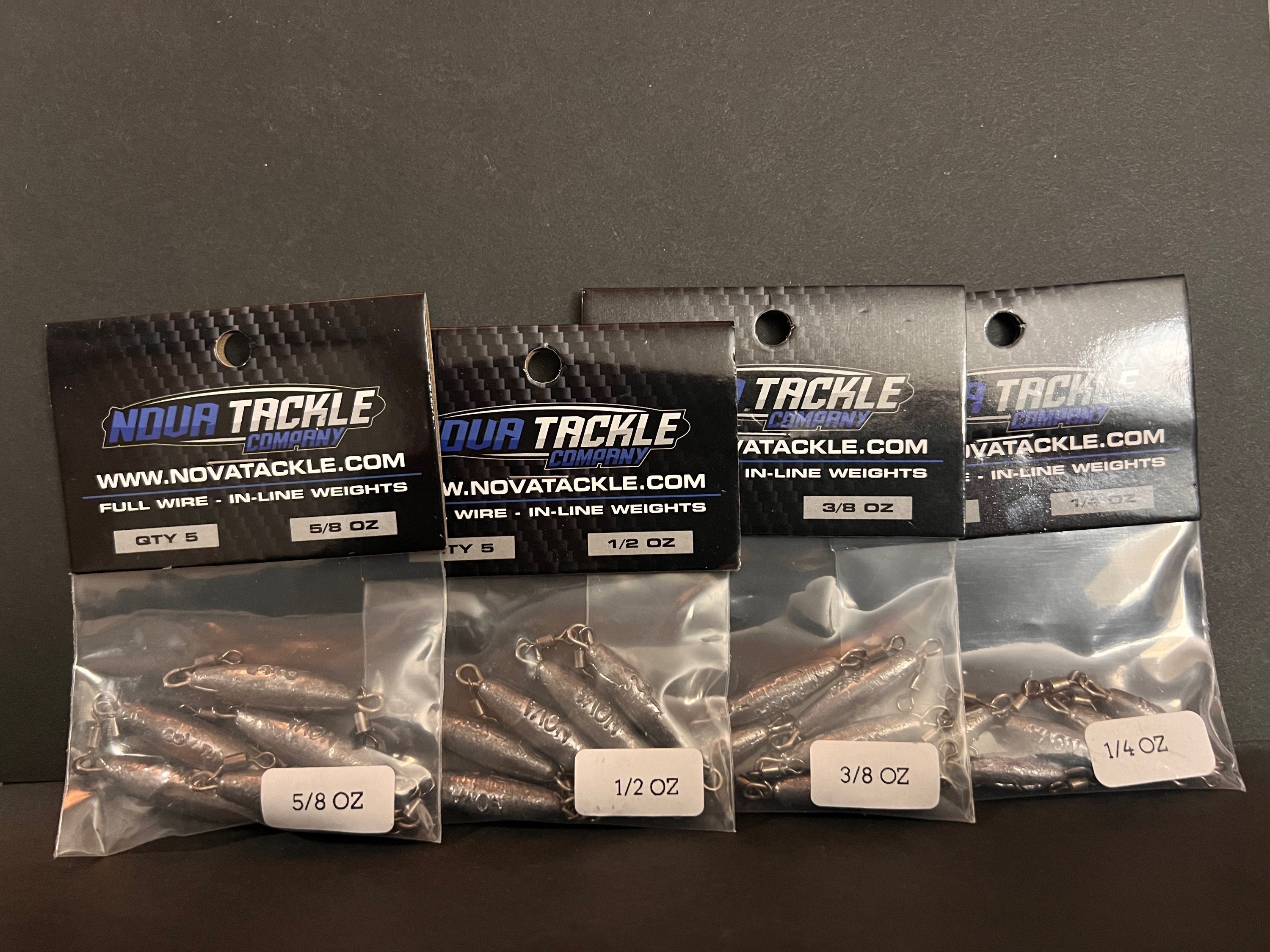 Nova Tackle in-line sinkers in blister packs, assorted weights: 1/4, 3/8, 1/2, 5/8 oz