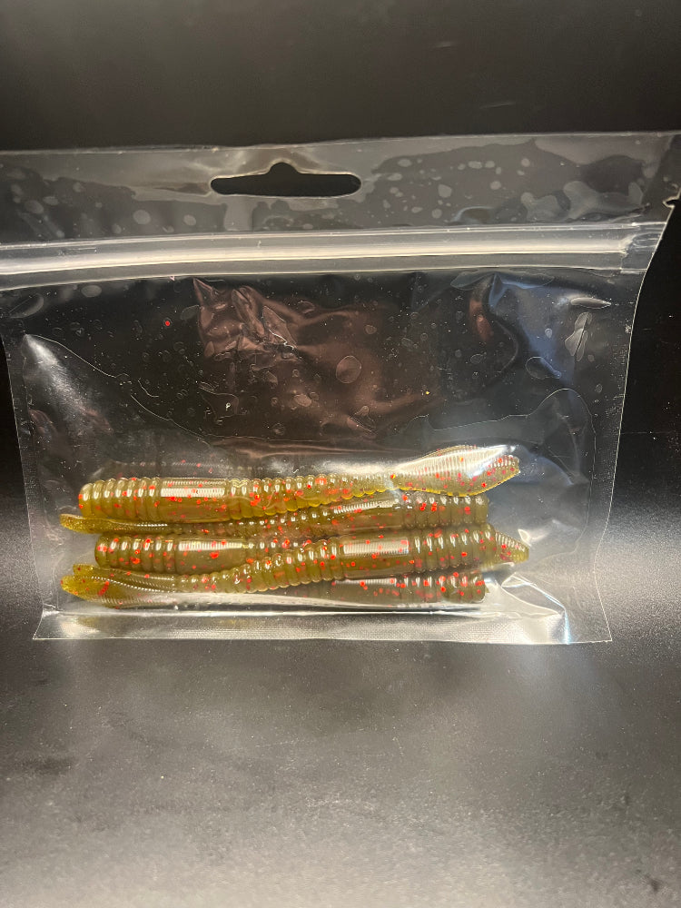 Soft plastic crawler bait set in orange with white-tinted belly and red speckles in clear bag